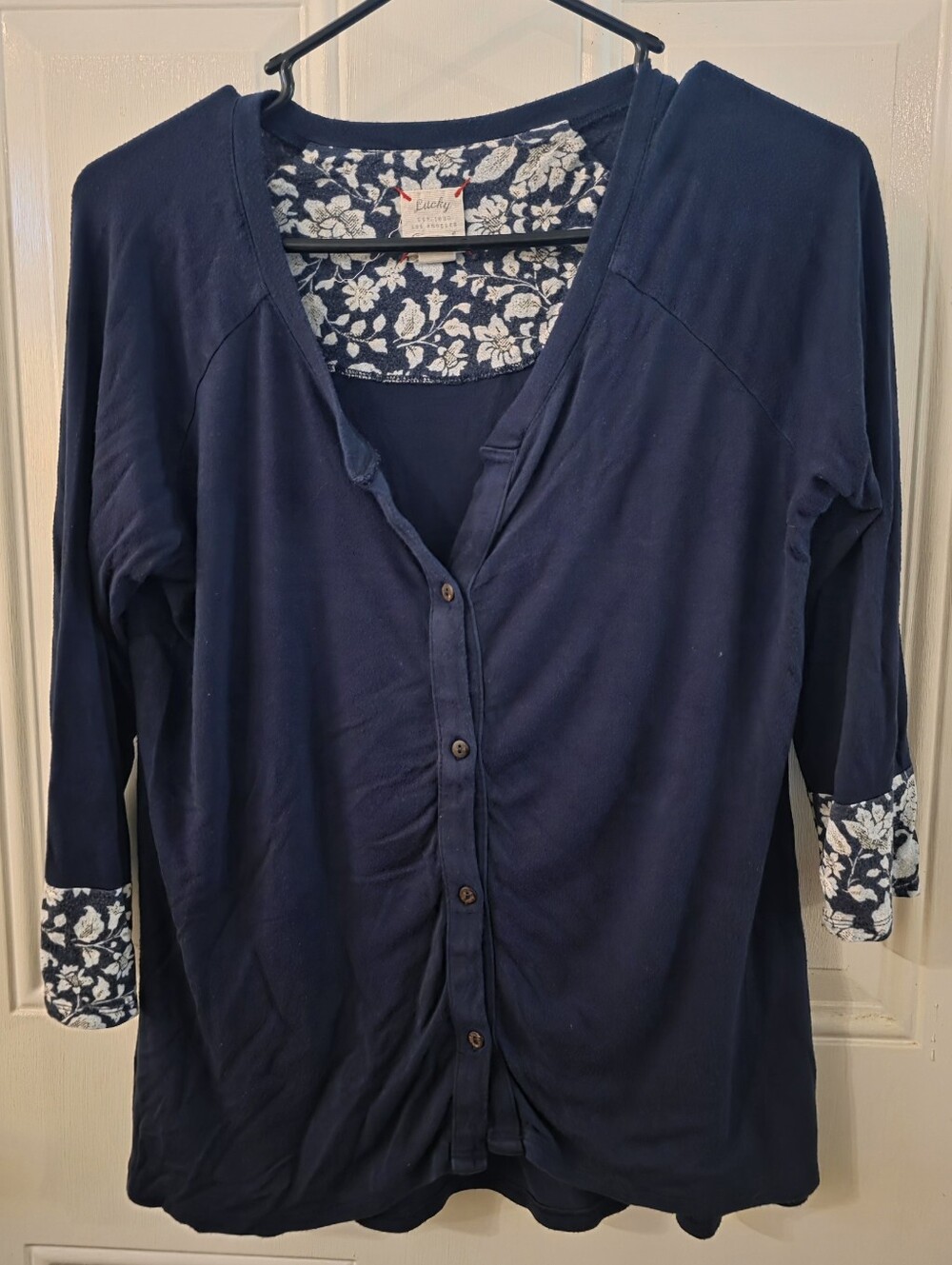 Lucky Brand Navy Button-Front Women's Top with Floral Trim